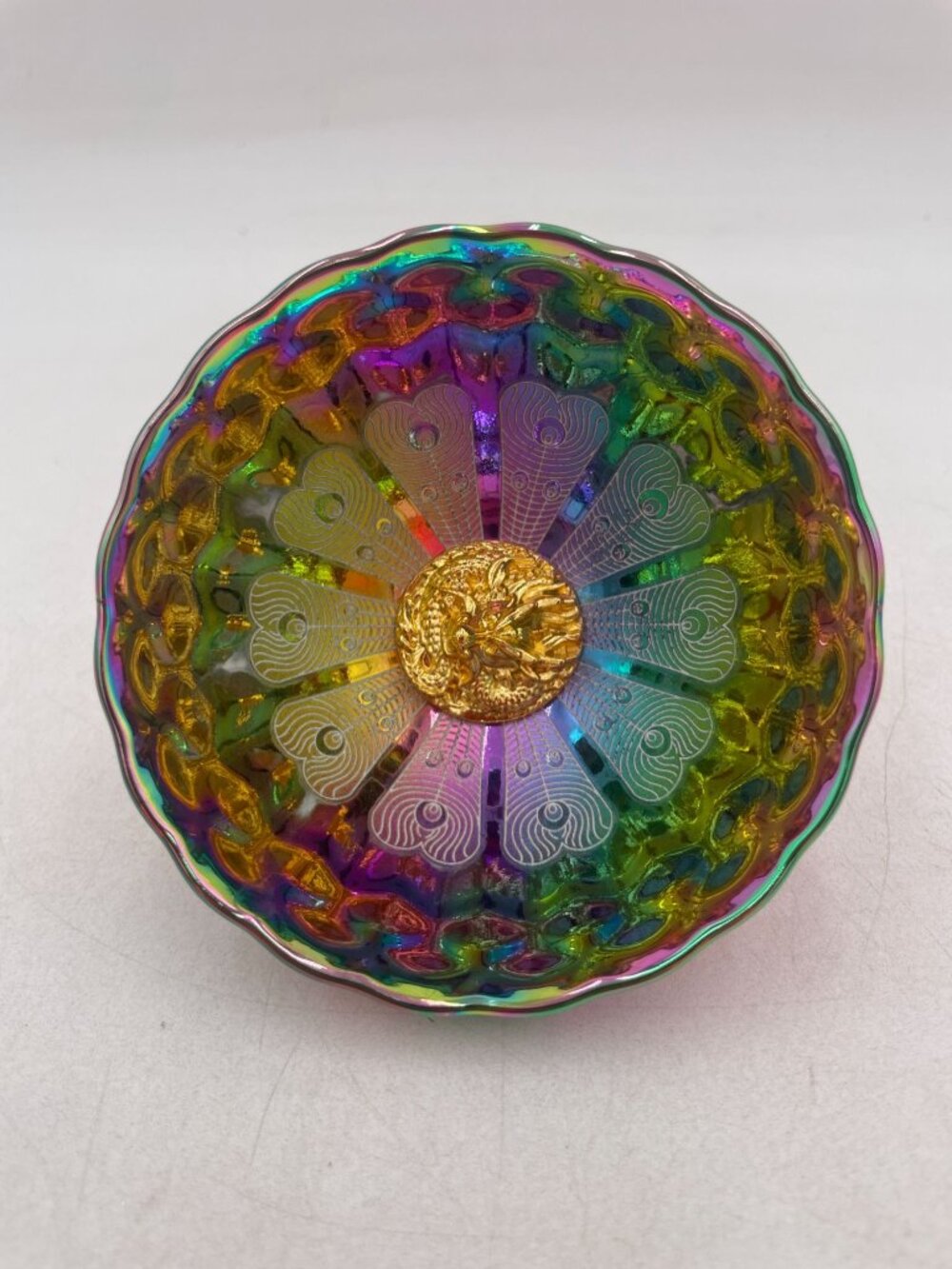 Dragon Motif Iridescent Glass Bowl With Peacock Pattern - Picture 8 of 9